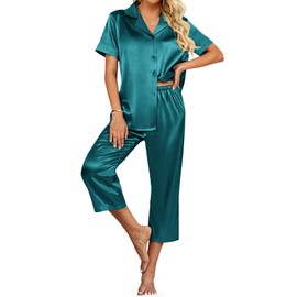 Ekouaer Womens Satin Pajamas Silk Capri Pjs 2 Piece Lounge Sets Short Sleeve Button Down Sleepwear Peacock Blue Medium