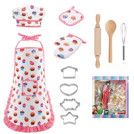 MEIDAYAI 11 PCS Kids Baking Set for Girls, Chef Costume with Adjustable Apron & Hat, Pretend Play Kitchen Toys for Toddlers 3-8, Birthday Xmas Gifts for Little Chefs