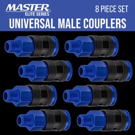 Master Elite Series 8 Piece Universal Air Hose Quick Push Connect Coupler Set with 1/4" NPT Male Threads - Accepts 3 Common Plugs Types, I/M Industrial, T Auto, A ARO - Compressor, Air Tool, Spray Gun
