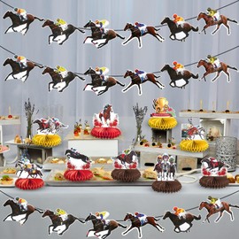 Kentucky Derby Party Decorations Set, 3PCS Kentucky Derby Banners Horse Racing Streamer & 9PCS Horse Racing Honeycomb Centerpieces Table Decors, Race Horse Birthday Derby Party Supplies