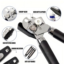 Phmnkl - Abrelatas de corte seguro con sacacorchos de vino, abrelatas manual ergonómico, acero inoxidable de grado alimenticio, corte de borde liso para cocina y restaurante