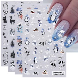 Christmas Nail Art Stickers Winter Snowflake Penguin Nail Decals 4PCS Snowman Bear Deer Tree Rabbit Leaf 3D Self-Adhesive Christmas Nail Stickers Manicure Supply for Winter Xmas Nail Art Decorations