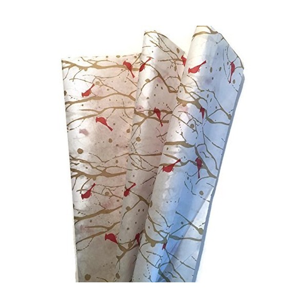 Printed Tissue Paper for Gift Wrapping with Design (Red Cardinal/Gold Branches), 24 Large Sheets (20x30)