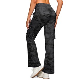 Women's Stretchy Cargo Pants 6 Pockets High Waist Bootcut Flare Leggings for Casual, Work, Travel, Athletic (Grey Camo, L)