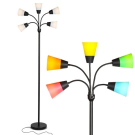 Brightech Medusa Modern LED Floor Lamp – Contemporary Multi Head Standing Reading Lamp for Living Room, Bedroom, Kids Room - Includes 5 LED Bulbs and 5 White & Colored Interchangeable Shades – Black