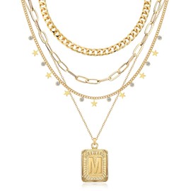 MJartoria Layered Initial Necklaces for Women Trendy, 14K Gold Plated Simple Star Choker Square Letter M Pendant Necklace, Paperclip Chain Necklace, Layered Gold Necklaces for Women Jewelry Gifts