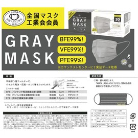 HOKU 【全国マスク工業会】サージカルマスク グレー GRAYMASK 30枚入り カケン認証 PFE99% 使い捨てマスク 不織布 グレー フェイスラインスッキリ設計