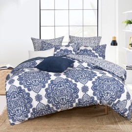 PHF Ultra Soft Paisley Duvet Cover California King Size, Printed Bedding Set 3 Pieces, Comfy Farmhouse Pattern Duvet Cover Set with 2 Pillow Shams, Zipper Closure and 8 Ties, 104"x98",Royal Blue&White
