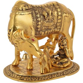 CRAFTVILLA Kamdhenu Cow with Calf & Krishna Gold Colour,Brass,Home Decorative Figure Showpiece | Gold,Standard,Spiritual showpiece | Nandi Cow and Krishna Decorative Showpiece