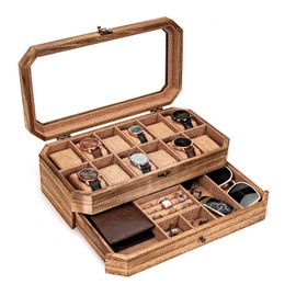 DGWJSU Watch Case for Men, 12 Slot Large Capacity Watch Box for Men, 2 Tier Solid Wooden Watch Holder Organizer for Men, Mens Jewelry Box With Drawer, Father's Day Birthday Gifts for Men