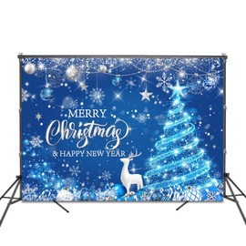 Mocsicka Merry Christmas Backdrop Large Blue Merry Christmas Party Decorations Banner Happy New Year Backdrop Christmas Xmas for Family Festival Photo Backgorund (Blue, 7x5ft(82"x60"))