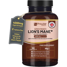 Lions Mane Mushroom Supplement 4000mg with Vitamin B1, B6, B12 & Black Pepper - 180 Super Strength Vegan Tablets with 50% Polysaccharides (Not Powder or Capsules) | Made in The UK by Prowise
