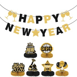 New Year Decorations 2026 – Black & Gold Happy New Year Banner with Honeycomb Centerpieces, Glitter NYE Party Decoration Set for Home, Office & New Year’s Eve Celebrations