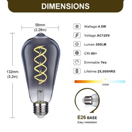 YIMILITE ST58 (ST19) LED Edison Bulbs 45 Watt Equivalent, CRI 80+, High Brightness Daylight White 5000K Smoky Grey Glass, Dimmable Antique LED Filament Bulbs, E26 Medium Base, 6 Pack
