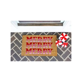 Mary Square Festive Holiday Chic Pink and Red Merry 18 x 30 Hand Woven Coir Fiber Indoor Outdoor Decorative Floor Door Mat