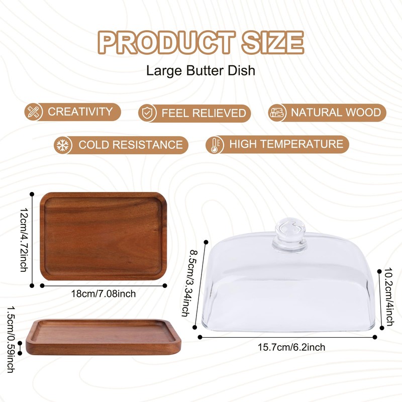 VivaBelle Glass Butter Dish with Wood Lid, Clear Domed Cheese