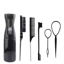 Flomiara Haarbürste mit Haarsprühflasche, Haarstylingkamm, Entwirrungsbürste für natürliche, afrobritische Typen 3a-4c, glattes Pinsel-Set (schwarz), 6 Stück