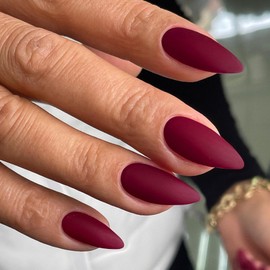 KQueenest Matte Wine Red Press on Nails Medium Almond, Pure Color Stiletto Acrylic Nails Press on, Medium Fake Nails for Women Winter Wear, Natural Glue Nails Manicure in 24 Pcs