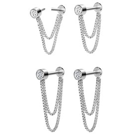 AoedeJ 2 Pairs Chain Earrings Dangle Earrings for Women Flat Back Chain Earrings for Women Dangling Threadless Flat Back Earrings (Silver)