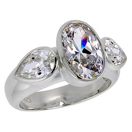 Sterling Silver Cubic Zirconia 3-Stone Ring Oval 4 ct Center Teardrop Side Stones Bezel Set Size 8