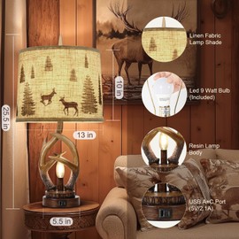 Scenekoy Rustic Farmhouse Antlers Table Lamp Set of 2 with Nightlight Dual USB Ports Linen Fabric Round Shade Bedside Lamp Decor for Living Room Bedroom Office House