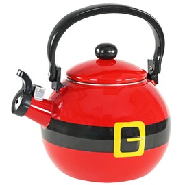 Home-X Santa Claus Whistling Tea Kettle - Porcelain Coated Stainless Steel Tea Kettle for Boiling Water - Cute Red Teapot for Stovetop - 2-Liter Capacity, 9"L x 7"W x 9"H Whistling Teapot