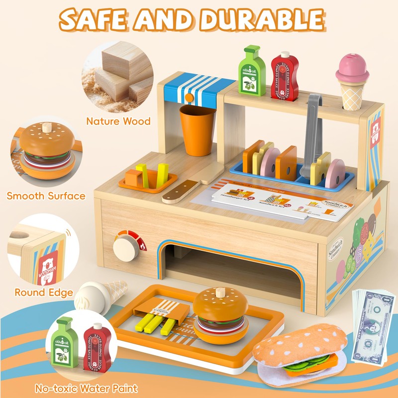 WOODMAM Foldable Wooden Kids Play Food Toys Sandwich Counter with