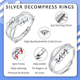 Bewenda Silver Anxiety Ring Set, 2PCS 925 Sterling Silver Anti-Stress Rings, Adjustable Open Stress Relief Ring Set, Spinner Bead Rings with Cubic Zirconia, Stressring Fidget Rings for Anxiety Stress