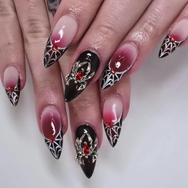 MISUD Press on Nails - Medium Stiletto Glue on Nails with Goth Red Black, Acrylic Gothic Spider Design 24 pcs