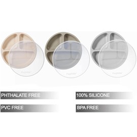 PandaEar Silicone Suction Plates for Babies & Toddlers, 3 Pack Divided Unbreakable Plates with Lid - Non-Slip - Dishwasher and Microwave Safe (Creamy Grey Brown)