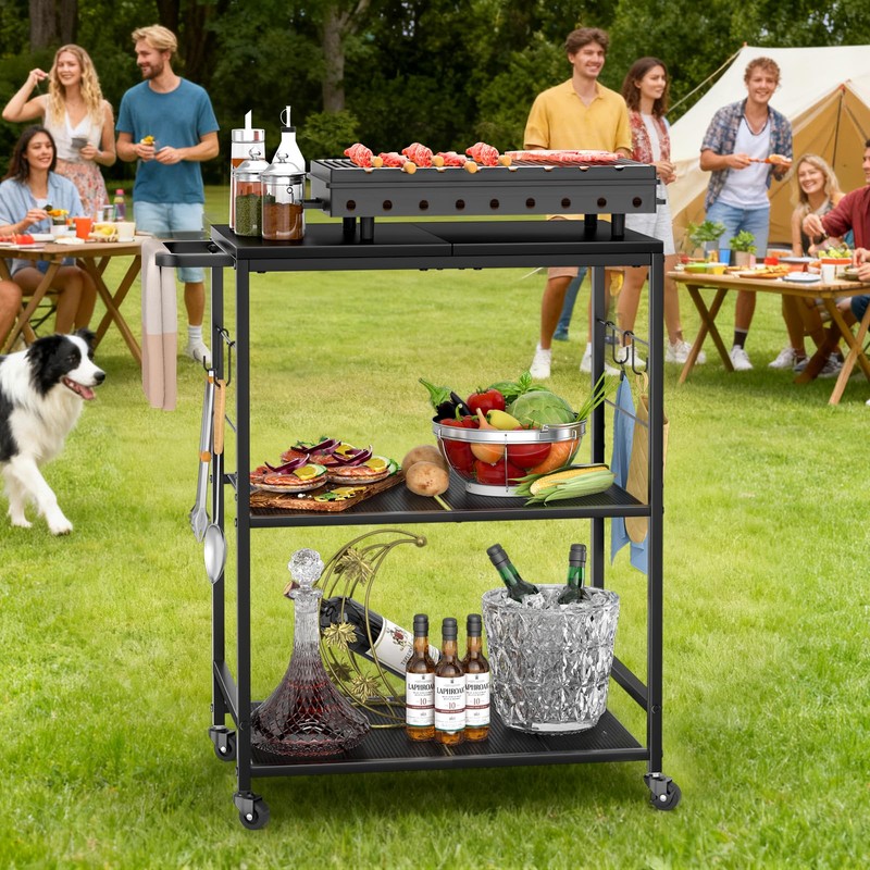 DAOUTIME Grill Cart for Outside, 3-Tier BBQ Food Prep Rolling