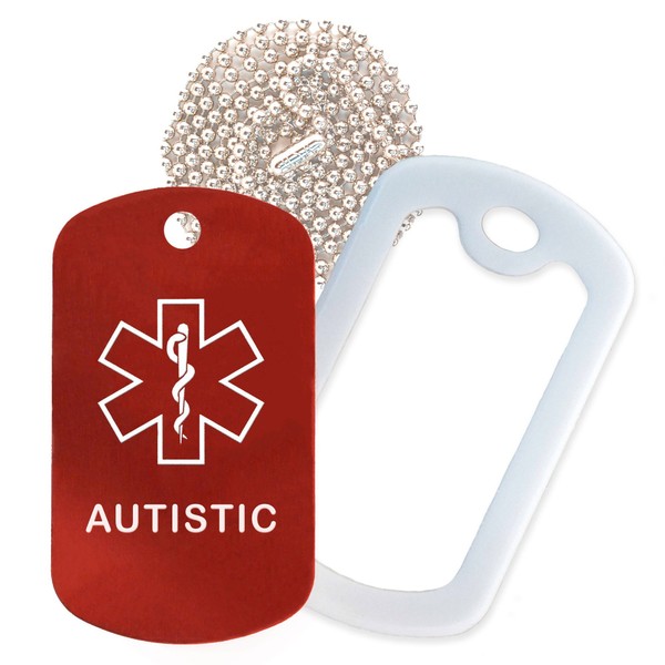Autistic Medical Alert ID Necklace with Red Tag, White Silencer, and 30'' USA Chain - 154 Color Choices