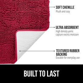 GORILLA GRIP Bath Rug Mat 60x24, Thick Soft Absorbent Chenille, Quick Dry Microfiber Mats, Rubber Backing Washable Shower Floor Rugs, Bathmat Runner, US Designed Bathroom Home Decor Accessories Red