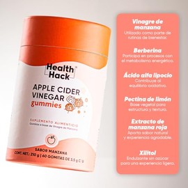 Gomitas de Vinagre de Manzana Sabor Manzana | 60 Gomitas Masticables | Con Berberina y Acido Alfa Lipoico | Suplemento Alimenticio Vegano, Sin Azúcar 
