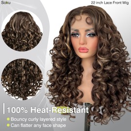 SOKU Long Curly Lace Front Wig for Black Women Highlight 13x4x1 Synthetic Lace Front Wigs Glueless Pre-Plucked Hairline with Baby Hair 22 Inch Heat Resistant (Highlight Brown)