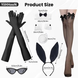 7 Pcs Bunny Costume Set, Black Bunny Ears Headband Collar Bow Tie Cuffs Tail Gloves Fishnet Stockings Sunglasses for Women