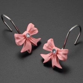 EleCharm Ganchos decorativos para cortina de ducha, 12 ganchos de ducha con nudo de lazo rosa para anillos de cortina de baño, ganchos de cortina de resina resistentes a la corrosión, Rosado