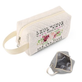 SuoSycorax Funny Text Printed Quilted Makeup Pouch for Women - Velvety Polyester Wise Woman Cosmetic Organizer w/Triple Compartments, Travel & Makeup Brush Holder