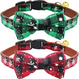 KUDES 2 Pack/Set Christmas Snowflake Dog Collars Breakaway with Bow Tie and Bells for Cat and Small/Medium/Large Pets, Red & Green