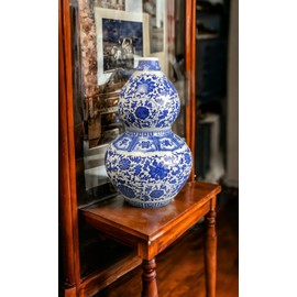17" Classic Blue and White Porcelain Gourd-Shaped Vase, China Ming Style, Happiness, Good Fortune, Fengshui, Jingdezhen, Free Wood Base