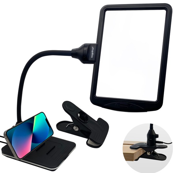 MagniPros 4X Magnifying Desk Lamp with Detachable Clamp, USB Fast Charge, Magnifying Glass with Stepless Dimming & Extra Large Viewing Area for Reading, Painting, Sewing, Crafts & Close Work