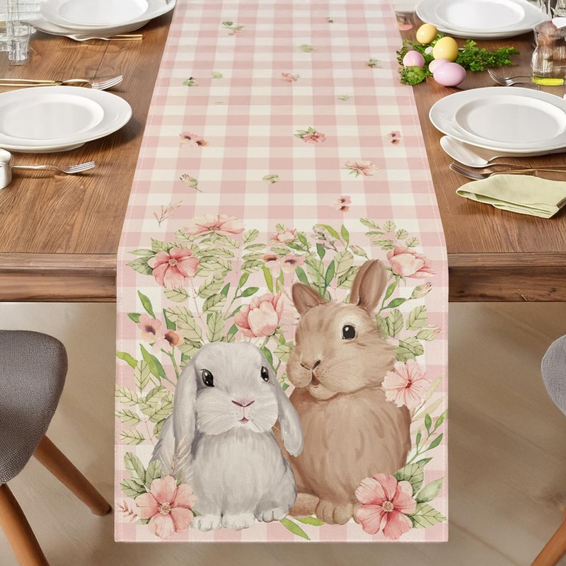 Easter Table Runner - Bunny Rabbit Floral Leaves Spring Table
