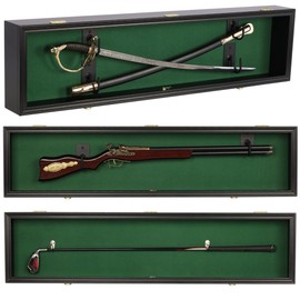 44" Long Rifle Gun Shotgun, Saber, Sword or Golf Club Display Case Cabinet Rack Putter Shadow Box w/98% UV - Lockable Door (Green Felt)-Black Frame