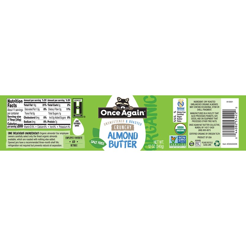Once Again Organic, Crunchy Almond Butter - Salt Free, Unsweetened