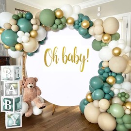 Jditngp Round Backdrop Cover Oh Baby 7.2ft, White with Gold Accents, Polyester, 4 Clips, Baby Shower