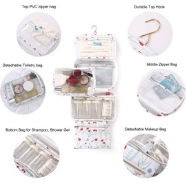 Tuscall Hanging Toiletry Bag Large Toiletry Bag with Hooks Wash Bag for Women, White flower, l, Printed pattern removable toiletry bag