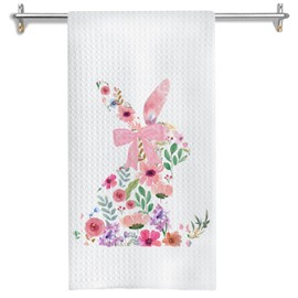 GOOZHO Coquette Pink Bow Floral Bunny Kitchen Towels, Aesthetic Flower Rabbit Dish Tea Towels for Kitchen Decor, Cute Preppy Ribbon Wildflower Bunny Hand Towel, 16x24 Inches