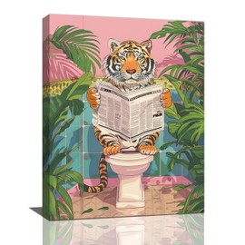 Tiger Bathroom Decor Wall Art Boho Botanical Pictures Wall Decor Pink Tropical Tiger Canvas Print Painting Artwork Home Decorations for Bedroom Living Room Office Framed 12"x16"