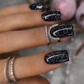 Black Press On Nails - Medium Square Glossy False Nails With Glitter Designs, 24Pcs | Tyuimhx