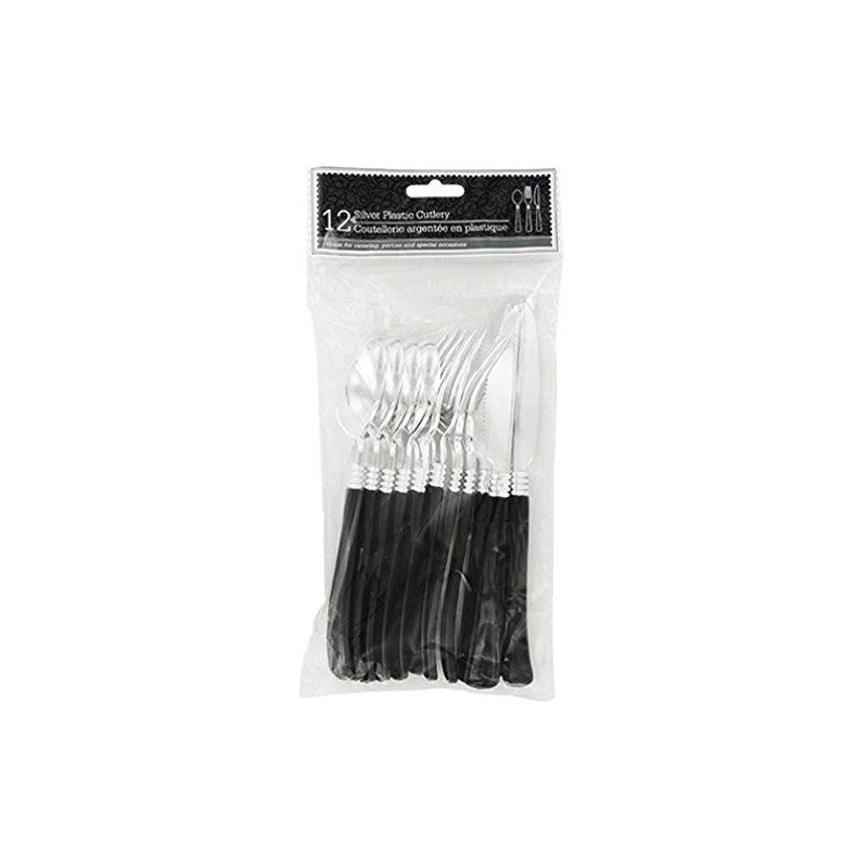 Plastic Flatware - Silver with Black Handles - 8 Place